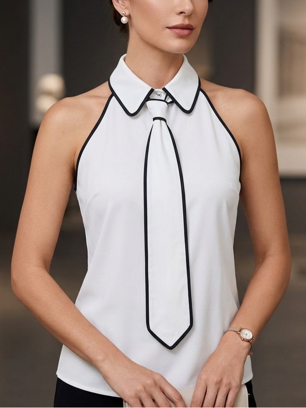 White Halter Tie-Neck Women's Top with Black Piping size M